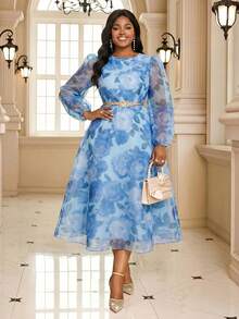 Fleurora Plus Size Women's Floral Print Round Neck Lantern Sleeve Elegant Dress - Blue - View 6