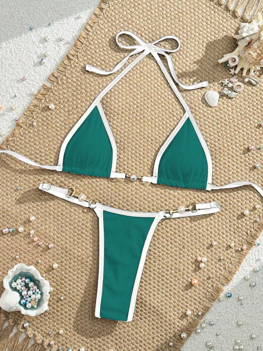 Swim Vcay Women's Bikini Set With Wrap-Around Halter Strap For Beach Vacation, Cheeky Cut Summer - Green - View 1