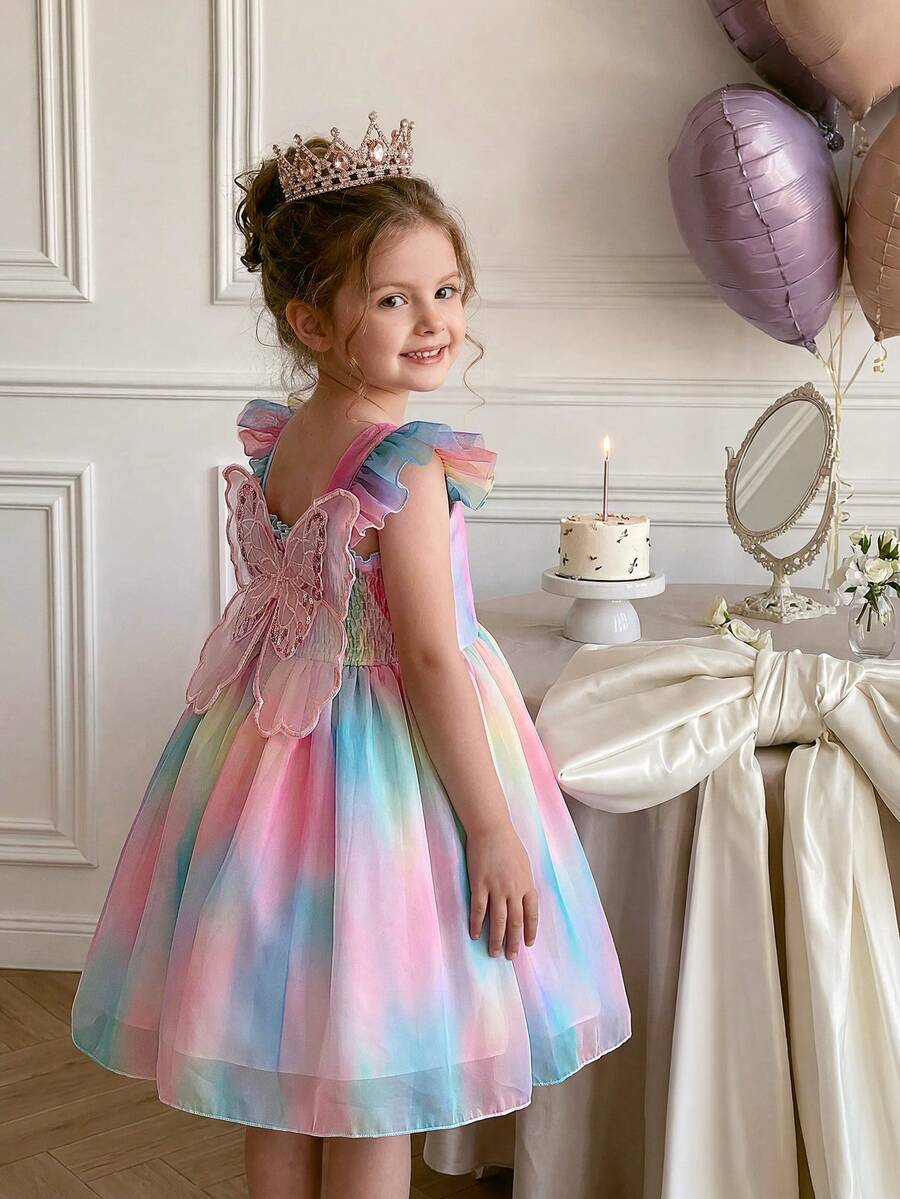 Girls' Gradient Colorful Flutter Sleeve Elastic Waist Back 3D Big Bow Dress, Party & Gathering Occasion Wear - Multicolor - View 1