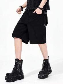 ROMWE MEN Men's Denim Embroidered Shorts, Suitable For Spring And Summer Everyday Wear - Black - View 5