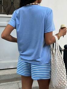INAWLY 女士卡通刺绣圆领休闲宽松短袖T恤 - 藍色 - 查看 2