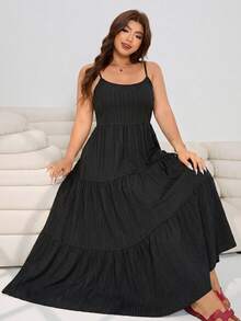 Solflare Vestido camisola de talla grande para mujer de unicolor con rayas verticales, espalda descubierta, tirantes con lazo y dobladillo con volantes multicapa - Negro - Ver 5