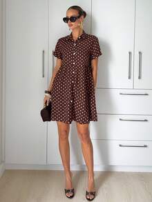 Siren Gaze Women's Summer Casual Polka Dot Print Front Button Dress - Brown - View 5