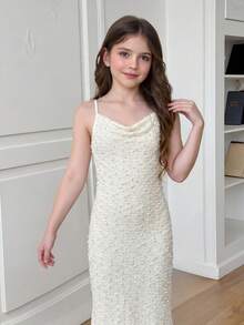 SHEIN Đầm maxi màu trắng ngà thanh lịch, dây mảnh, cổ xếp ly, eo ôm sát, chất liệu vải có họa tiết, xẻ tà, thích hợp cho bé gái tuổi teen, đi chơi hàng ngày, đi biển, dự tiệc sinh nhật. - Màu be - Xem 3