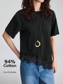 Ontre 2026SS 新款蕾絲拼接女款上衣，寬鬆版型，純黑色 T-shirt，極簡優雅都市現代分線圓領層次設計，女款休閒穿搭，度假、老錢風、茶會、約會、浪漫度假上衣，婚禮賓客服裝，辦公穿搭，教師，返校時尚，百搭女款上衣 - 黑色 - 查看 5