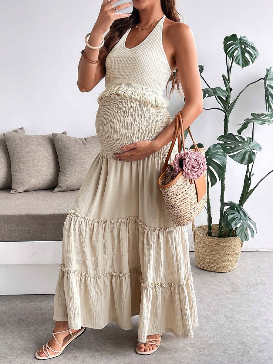 SHEIN 2 件孕妇套装:褶皱露背流苏边休闲上衣和高腰裙 - 杏色 - 查看 1