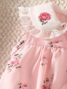 SHEIN Infant Girls'Cute Summer Light Pink Rose Embroidered Lace Collar Sleeveless A-Line Dress Soft Fabric Infant Dress For Party Cruise Photography 0-12M - Pink - View 8