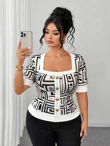 Elenzga Plus Size Women's Summer New Knit Square Neck Print Single Breasted Slimming Regular Short Sleeve Top T-Shirt Suitable For Daily Casual Elegant Work - Black and White - View 9