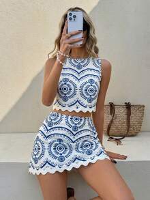Serisse Women's Vacation Geometric Print Curved Hem Tank Top And Mini Skirt 2 Pieces Set Beach Vacation Blue White Summer Sexy Jamaican - Blue - View 3