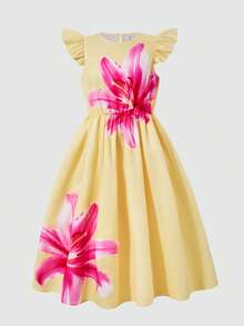 SHEIN Tween Girls' Print Patterned Flutter Sleeve Waist-Cinched Long Dress - Multicolor - View 6