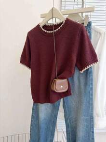 Franclia French Vintage Loose Round Neck Short Sleeve Knit Contrast Trim Beige Women's Spring Autumn Knit Top - Burgundy - View 3