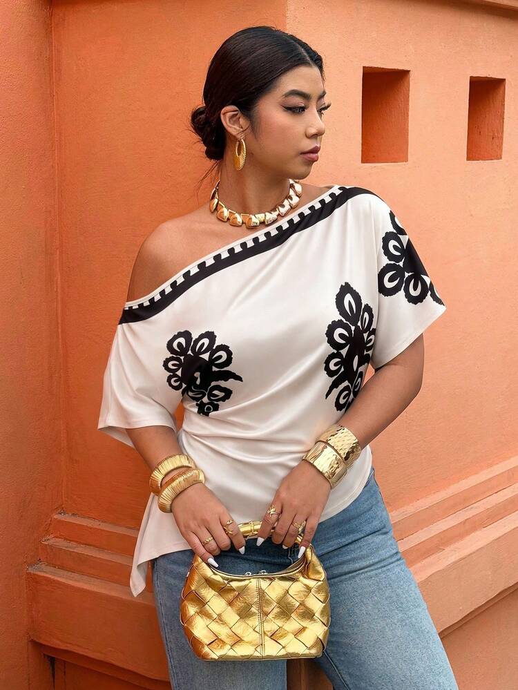 Weeklong Plus Size Women's Spring/Summer Placement Print Waist-Defining Asymmetrical Hem Casual Vacation Blouse T-Shirt - Multicolor - View 4