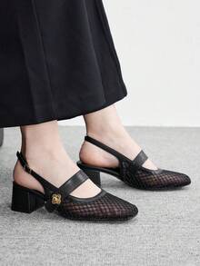 CUCCOO BIZCHIC 女款時尚高跟鞋，扣飾粗跟網紗材質，全球四季通勤，優雅百搭，適合節日度假、辦公室、戶外日常穿搭 - 耀夜黑 - 查看 2