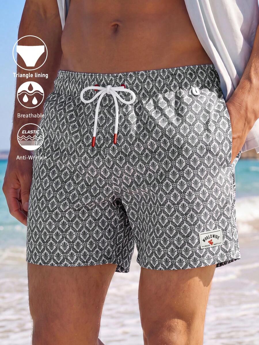 CoralVoy Men's Tropical Plant Print Pocket Drawstring Waist Beach Shorts, Holiday - Black - View 1