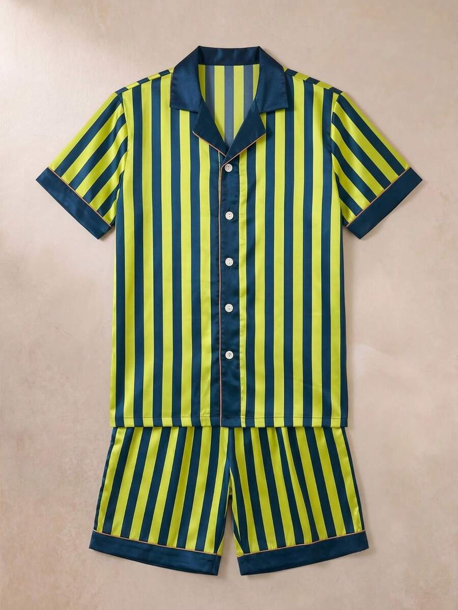 EverLounge 男士夏季翻領時尚居家服直條紋印花開胸短袖短褲2件套 - 藍色 - 查看 1