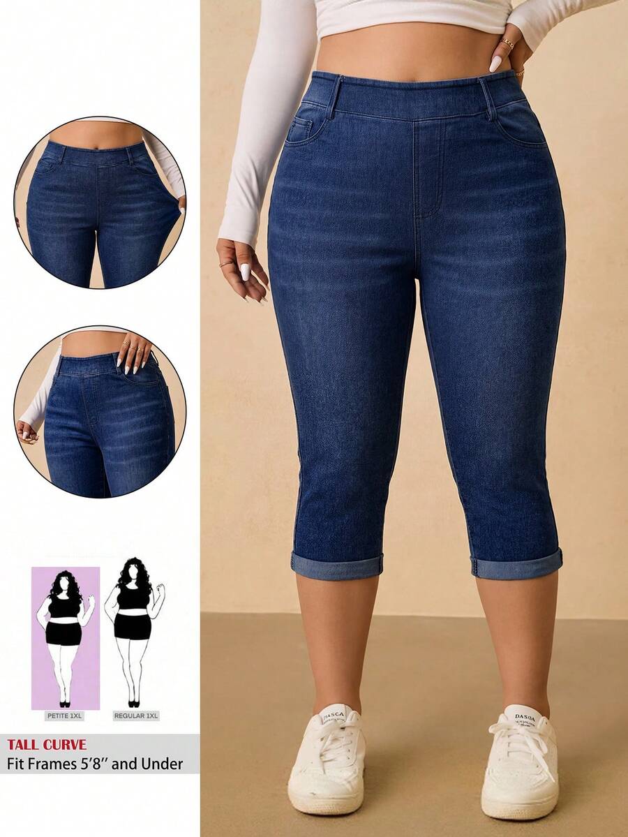 SHEIN Tall CURVE Plus Size Women's High Waist Stretch Denim Capri Jeans ...