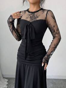 Modelyn French Design Lace Patchwork Bow Long Dress For Women - Black - View 5