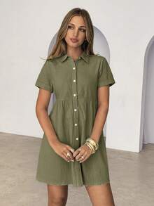 Siren Gaze Women's Summer Casual Solid Color Front Button Short Dress - Army Green - View 4