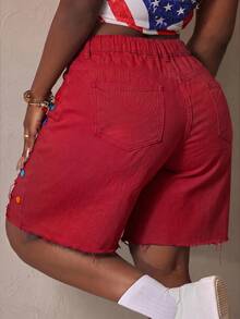 Slaydiva Plus Size Women's Solid Color Rhinestone Decor Distressed Frayed Hem Button Denim Jeans - Red - View 3