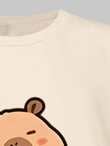 Tween Girl Cute Cartoon Graphic Print Crew Neck Short Sleeve T-Shirt And Fitted Shorts Set, Suitable For Back To School, Friends Brunch Gatherings - Multicolor - View 3