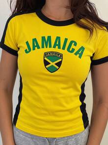 INAWLY Camiseta de manga corta con gráfico de letras y bloques de color, camisetas gráficas para mujer - Amarillo - Ver 3