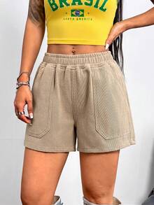 SHEIN 青少年女孩卡其色牛仔寬鬆短褲 - 卡其色 - 查看 4