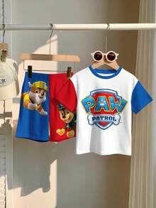 SHEIN | PAW Patrol 兒童小男孩圓領字母圖案拼色短袖T恤與短褲休閒日常套裝 - 彩色 - 查看 5
