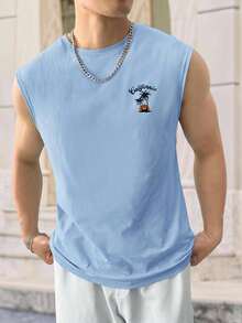 HIMLAND Herren Sommer Strick Casual Kokosnussbaum Muster Rundhals Trägershirt - Babyblau - Übersicht 1