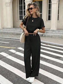 Serisse Batwing Sleeve Crop Top Drawstring Waist Pants Textured Fabric Two Pieces Travel Black Summer Casual - Black - View 3