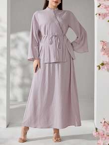 Veilorie Plus Size Women Solid Color Elegant Cheongsam Collar Top And Skirt 2pcs Set - Mauve Purple - View 4
