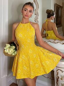 Vestido de gasa a cuadros tejidos de estilo romántico en verde, adecuado para vacaciones en la playa, uso casual, citas, Día de San Valentín, ocio urbano retro, negocios y trayectos, - Amarillo 2 - Ver 4