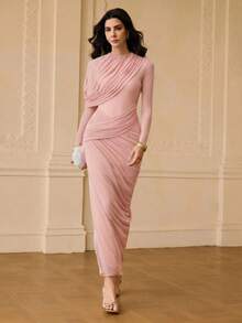 ZEYLAH Women's Solid Color Pleated Elegant Waist Gathering Dress For Party - Pink - View 5