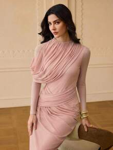 ZEYLAH Women's Solid Color Pleated Elegant Waist Gathering Dress For Party - Pink - View 6