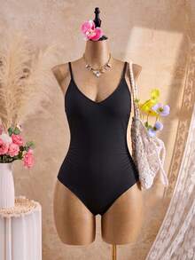 Swim Vcay Baju Renang Terusan Wanita Ukuran Besar untuk Musim Panas, Motif Garis Vertikal, Desain Leher V dengan Tali Bahu Tipis, Cocok untuk Liburan Pantai, Warna Putih - Hitam - View 6