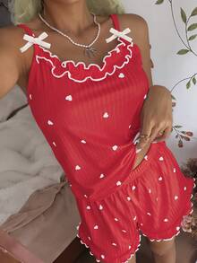 CottageSlumber Conjunto de pijama de camisola y shorts de terciopelo acanalado para mujer con ribete de volantes, pequeños lazos y diseño romántico de corazón - Rojo - Ver 6
