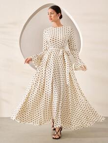 Graceveil Elegant Decent Casual Modest Middle Eastern Polka Dot Round Neck Flare Sleeve Cinched Waist Front Dress Winter Formal Office Morning Formal White - Apricot - View 3