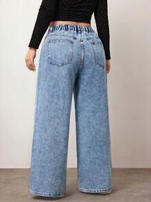 Enliva Jeans casuales de pierna ancha y sueltos con bolsillos de strass para mujer talla grande, para Body con forma de manzana y redondeado, para otoño - Azul lavado oscuro - Ver 2