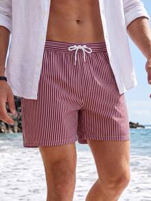 CoralVoy Men's Striped Waist Drawstring Design Beach Shorts - Burgundy - View 4