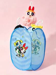 THE POWERPUFF GIRLS X SHEIN 聚酯纖維可折疊收納籃 - 彈跳式便攜收納籃，家用多功能收納盒，適用於衣物、玩具、雜物分類，輕巧耐用且易於清潔，適用於臥室、客廳、浴室、宿舍、旅行使用，附手柄可懸掛收納，卡通圖案設計時尚 - 淺藍色 - 查看 2