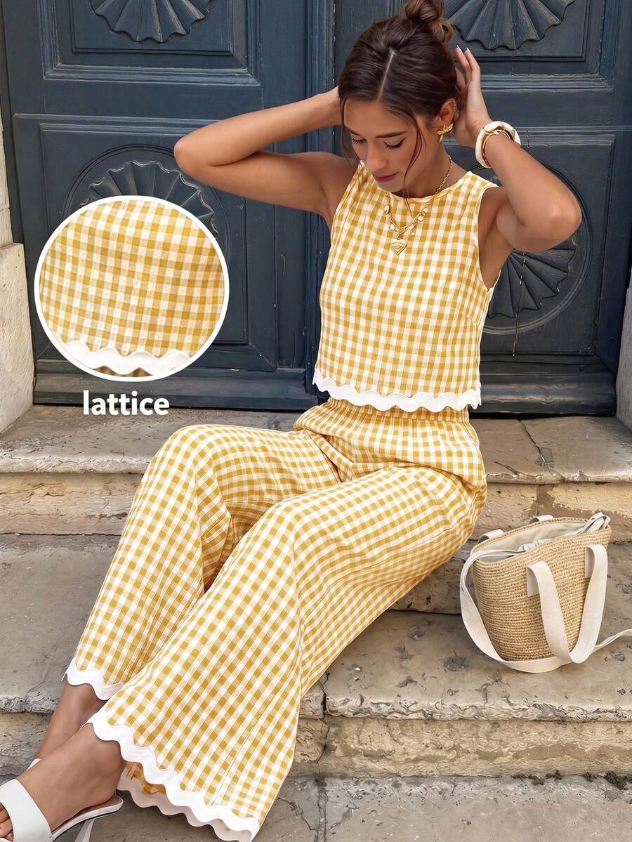 Serisse Women's Vacation Casual Plaid Tank Top And Long Pants 2 Pieces Set - Yellow - View 1