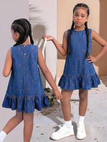 SHEIN Girls' Cherry Embroidered Pattern Dark Blue Denim Sleeveless Loose Ruffle Hem Dress - Blue - View 2
