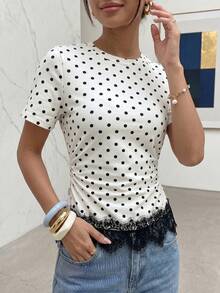 Modelyn Women's Spring/Summer Knit Digital Polka Dot Short Sleeve Black Lace Trim Cinched Waist Ruched Commuter Casual T-Shirt Going Out Tops - Multicolor - View 4