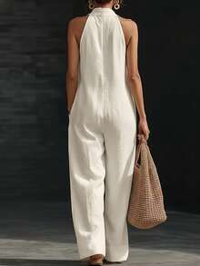 SHEIN Holidaya 2026新款度假亞麻連身褲 春夏新款女式連身褲 素色休閒連身褲 柔軟舒適寬腿褲 居家服 Y2K街頭風 度假出遊日常穿搭 亞麻連身褲 素色夏季連身褲 青少年風格 奶油白連身褲 奶油色連身褲 - 白色 - 查看 3