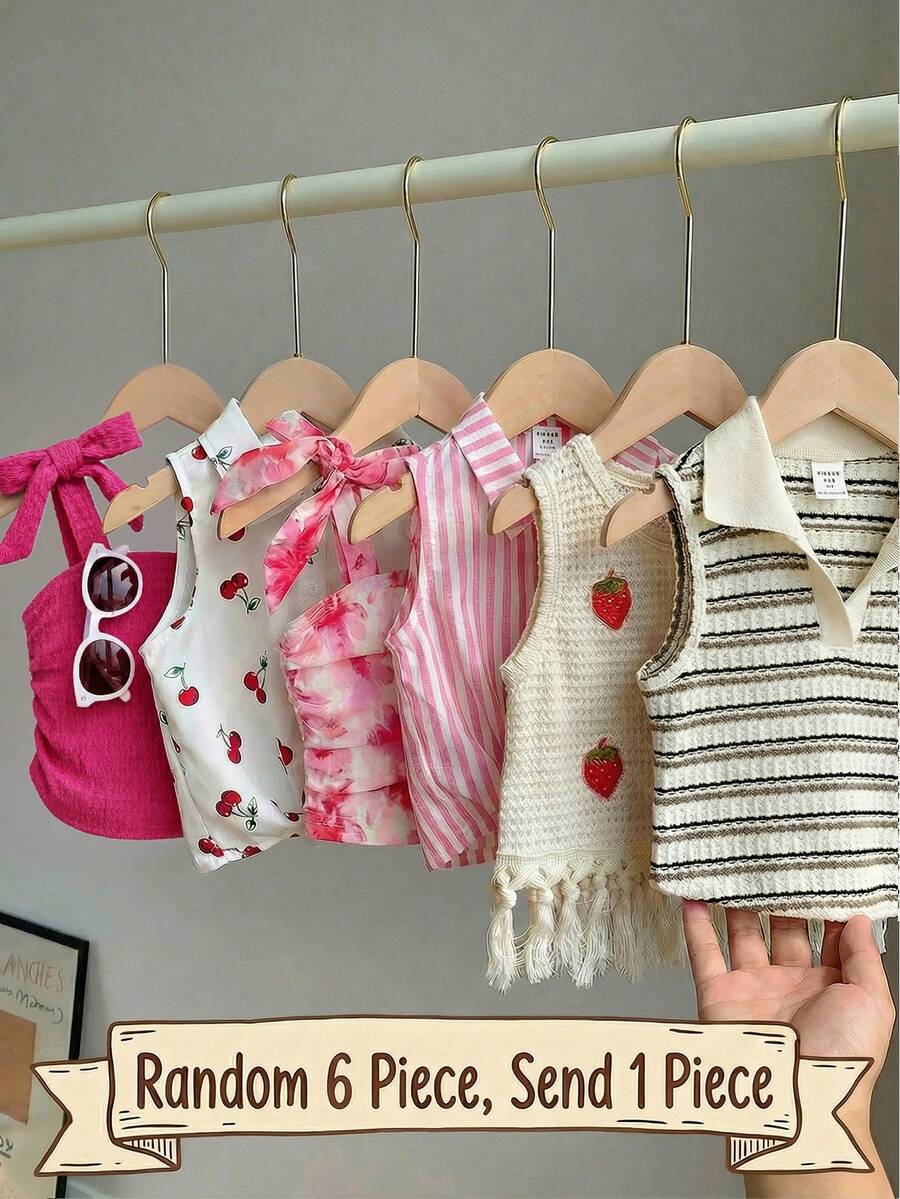 SHEIN [Random 6 Piece, Send 1 Piece]!Surprise Box !!!!Young Girl Solid Color Striped Floral Ruched Casual Tank Top - Hot Pink - View 1
