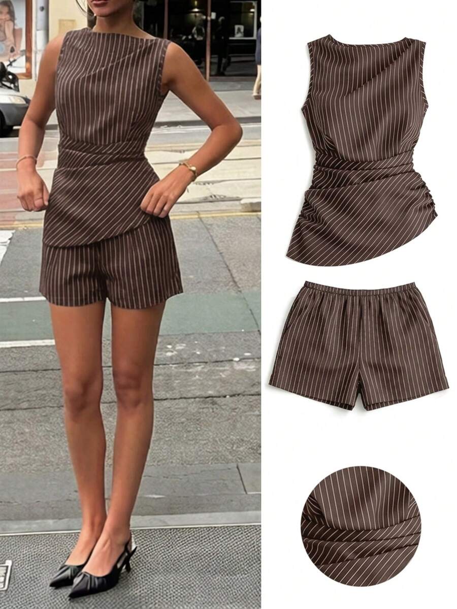 Siren Gaze Women's Vertical Striped Pattern Sleeveless Top And Shorts 2 Pieces Set Vacation Brown Striped Summer Smart Casual - Coffee Brown - View 1