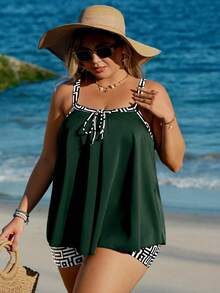 Swim Lushoire Plus Size Vacation Beach Tankini Set - Multicolor - View 5