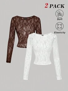 SHEIN MOD Kaos Lengan Panjang Renda Transparan Wanita 2pcs - MultiWarna - View 1