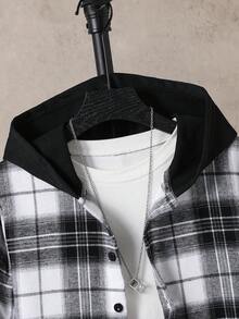 SHEIN Casuvi Kids Tween Boys Plaid Long Sleeve Hooded Shirt - Black - View 3