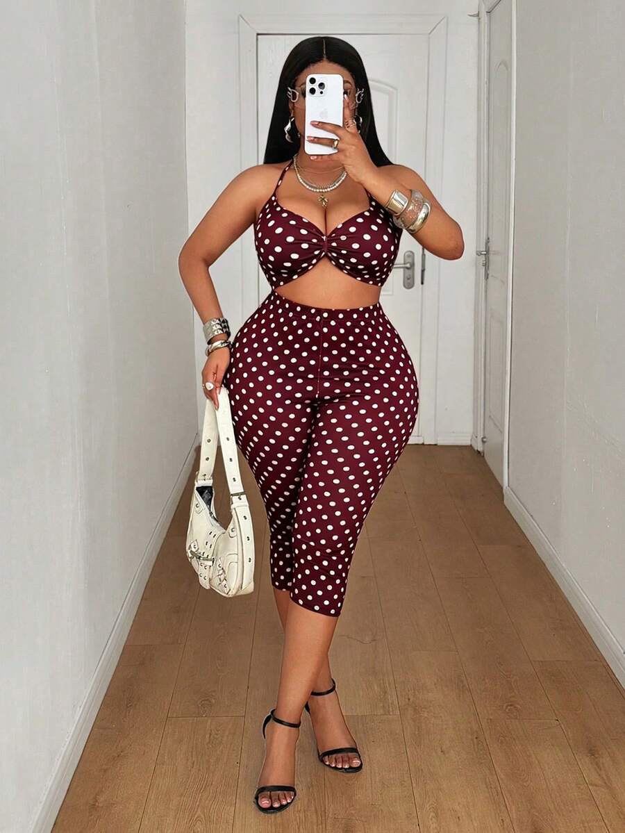 Mawevolt Women's Plus Size Polka Dot Print Halter Neck Top And Pants 2-Piece Set - Burgundy - View 1