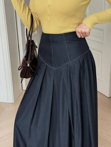 Solavon Women's Solid Color Pleated Casual Elegant Versatile Daily Work Corporate Outing Office Skirt Navy Blue Autumn - Navy Blue - View 1